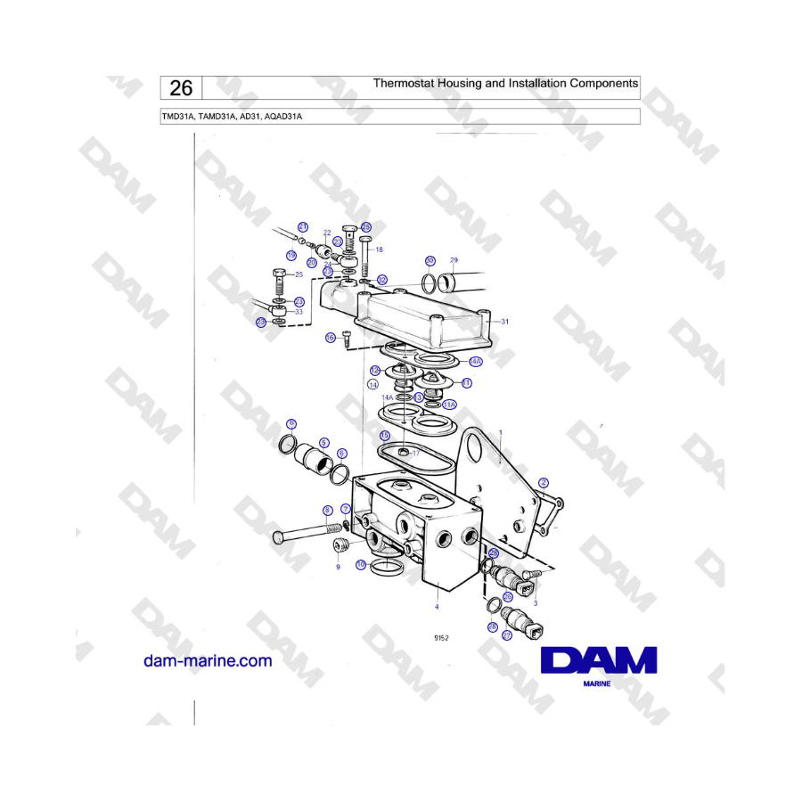 Volvo Penta TMD31A / TAMD31A - Alloggiamento termostato e componenti di installazione