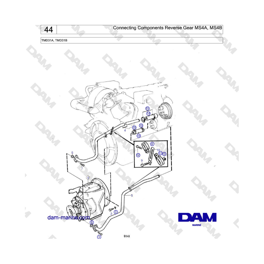 Volvo Penta TMD31A - Componentes de conexión de la marcha atrás MS4A, MS4B
