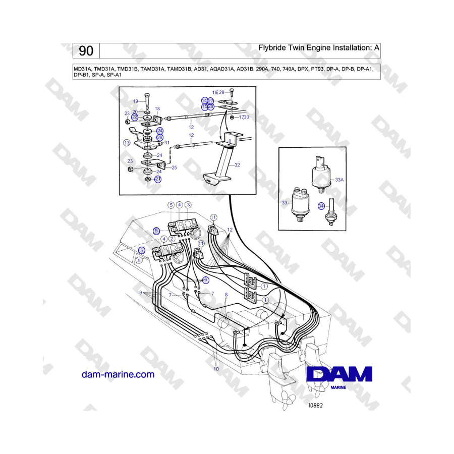 Volvo Penta MD31A, TMD31A, TAMD31A - Instalación de dos motores Flybride: A