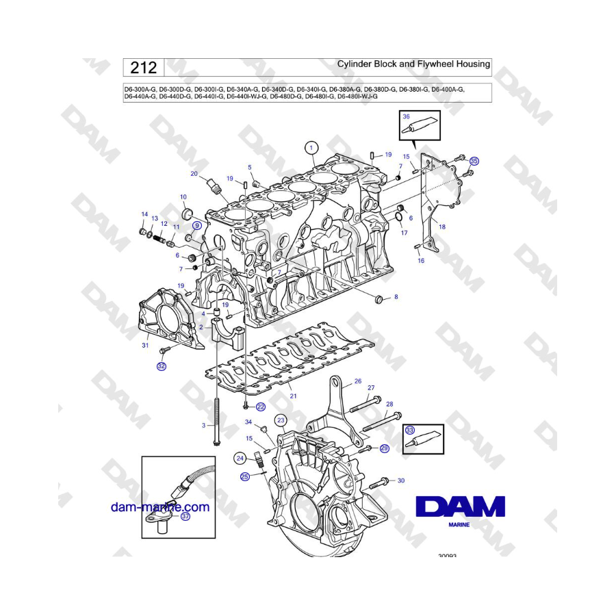 Volvo Penta D4-440 - Blocco cilindri e alloggiamento volano