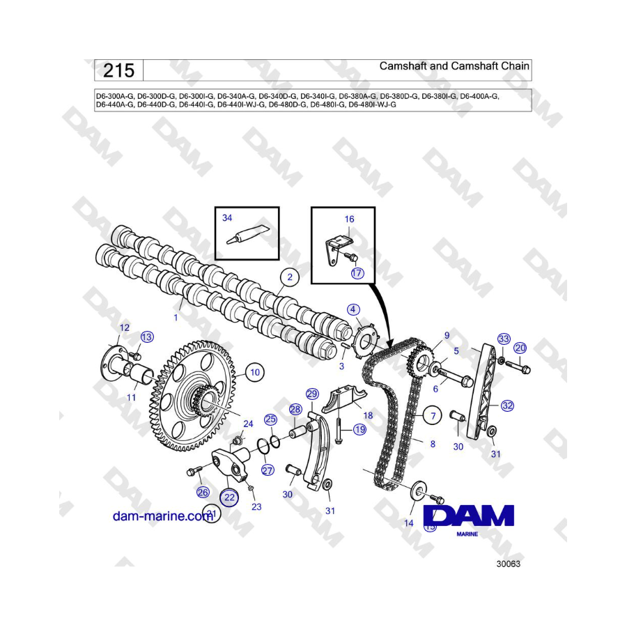 Volvo Penta D4-440 - Albero a camme e catena dell'albero a camme