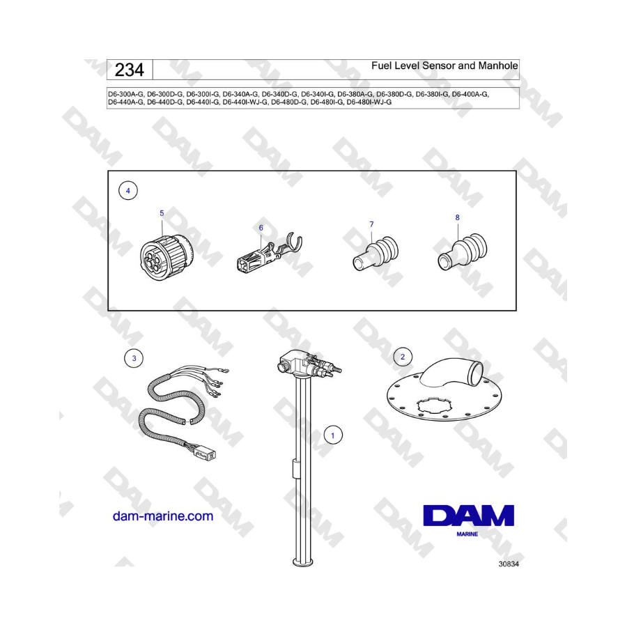 Volvo Penta D4-440 - Sensor de nivel de combustible y boca de acceso