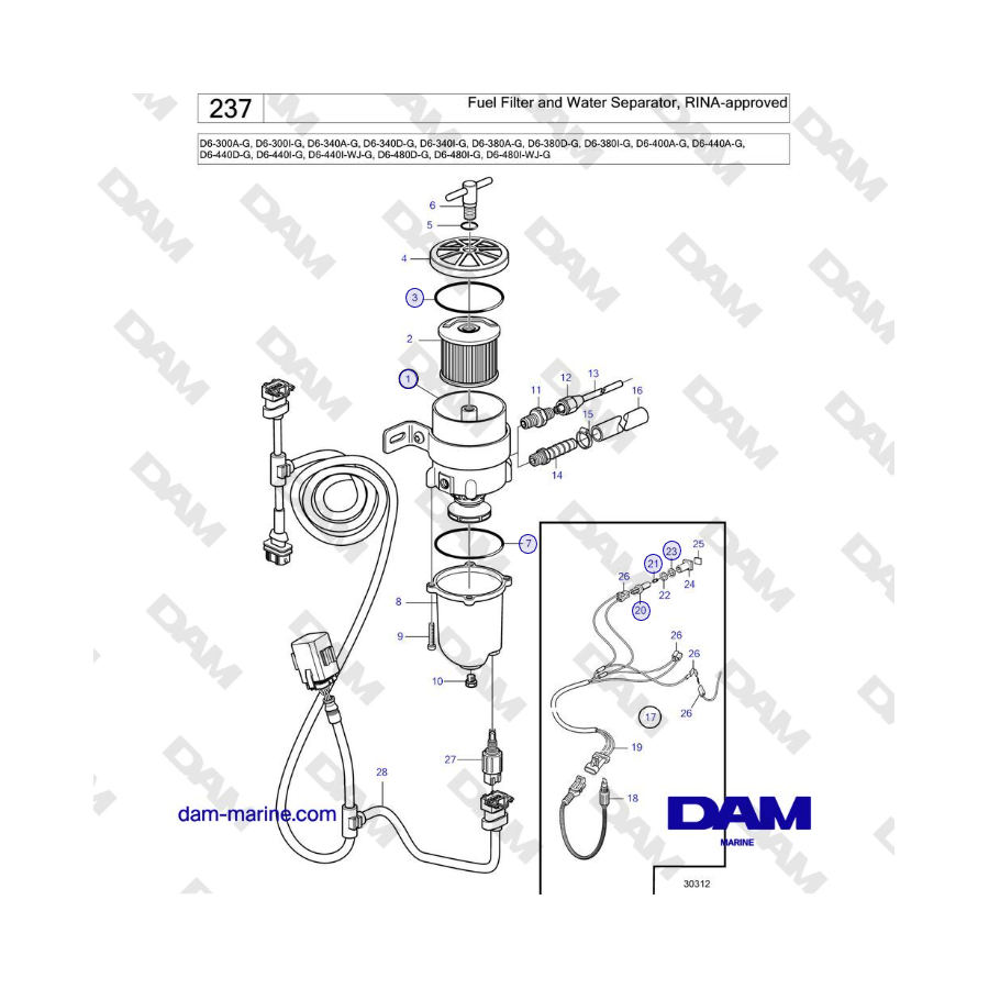 Volvo Penta D4-440 - Filtro carburante e separatore acqua, omologato RINA