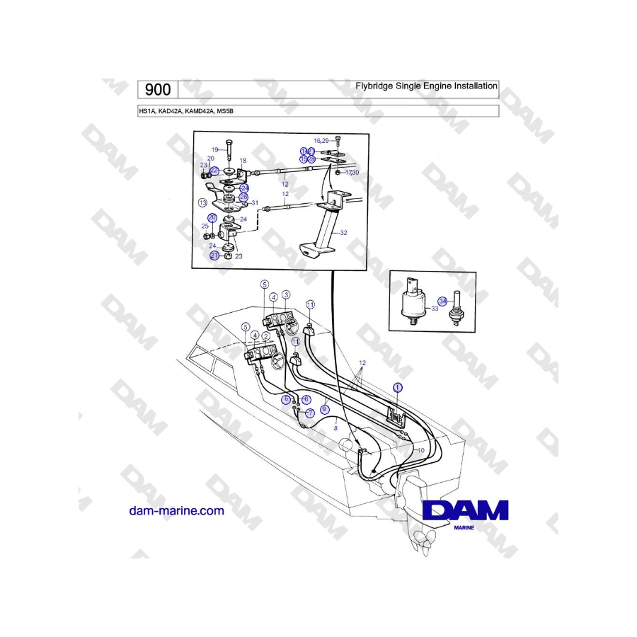 Volvo Penta HS1A, KAD42A, KAMD42A, MS5B - Instalación de un solo motor en flybridge