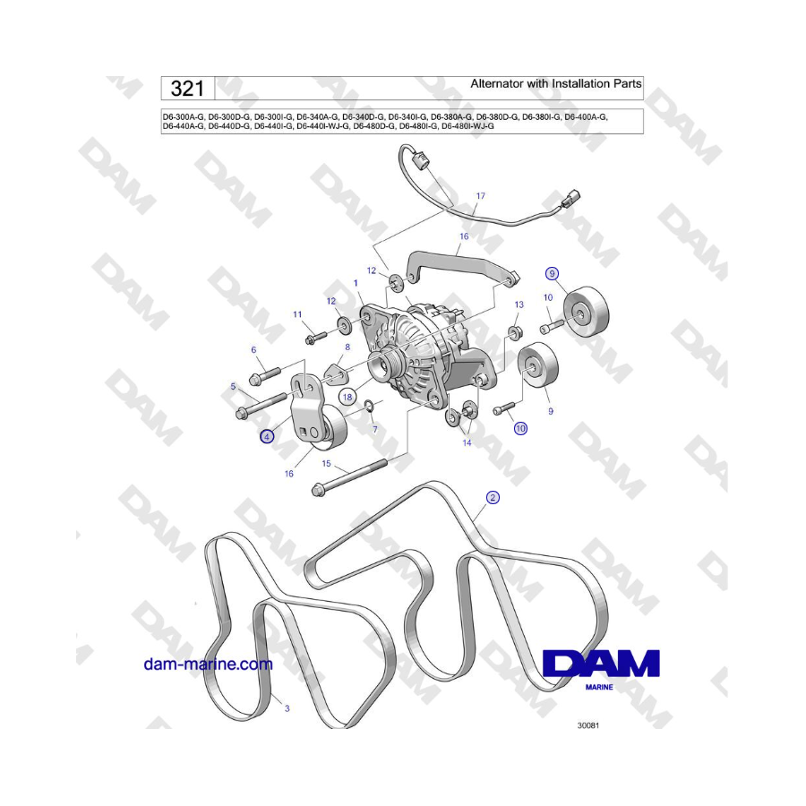 Alternador Volvo Penta D6-440 con piezas de instalación