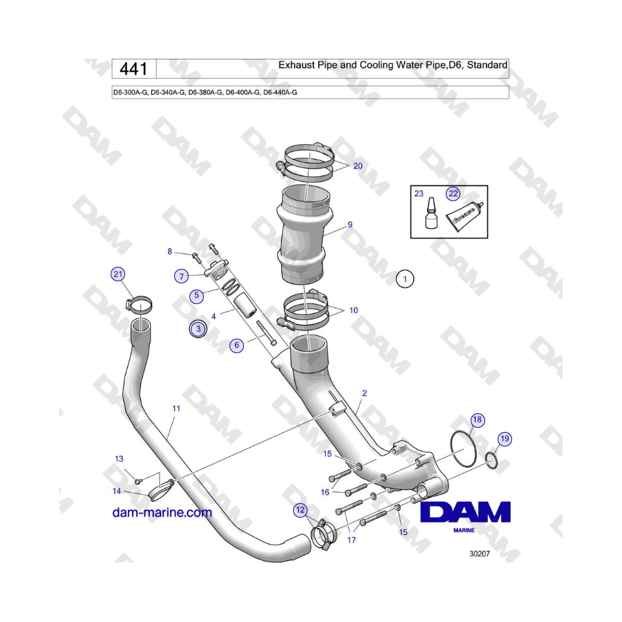 Volvo Penta D6-440 - Tubo di scarico e tubo dell'acqua di raffreddamento, D6, standard