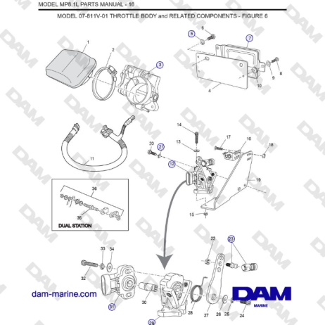 Crusader MP 8.1L (SN 670001) - MODEL 07-811V-01 THROTTLE BODY and RELATED COMPONENTS
