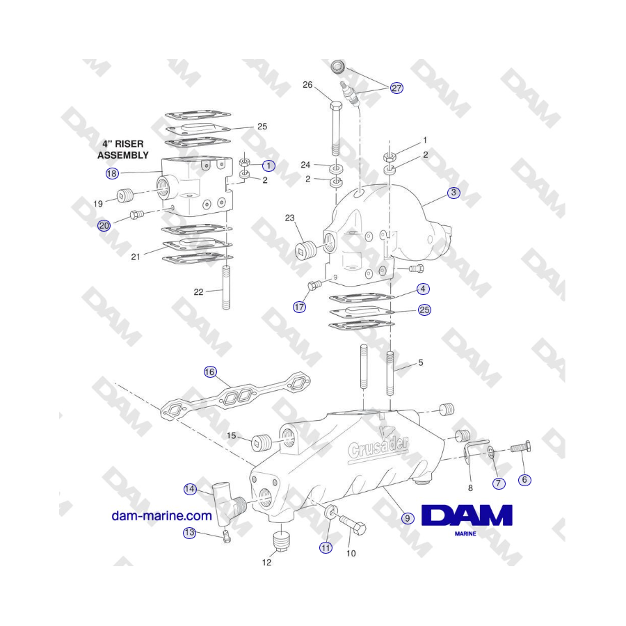 Crusader MP5.0/5.7L SN 670001 fino a 671633 - COLLETTORE DI SCARICO e COMPONENTI