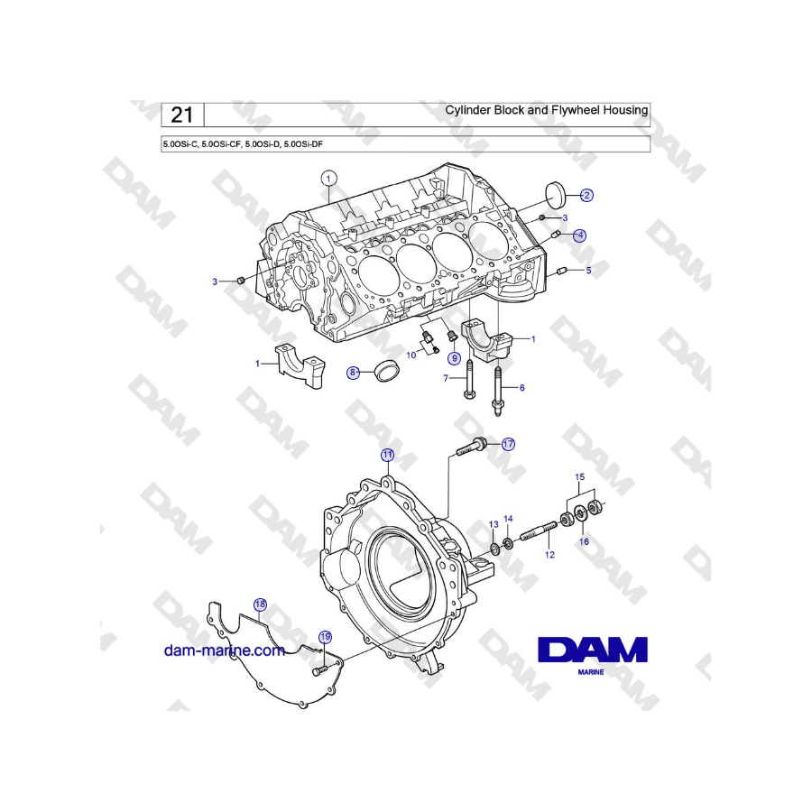 Volvo Penta 5.0OSi-C, 5.0OSi-CF, 5.0OSi-D, 5.0OSi-DF - Cylinder Block and Flywheel Housing
