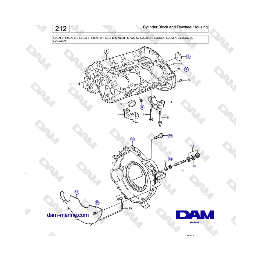 Volvo Penta 5.0L GXI-B / 5.7L GI-B / GXI-C - Bloque de cilindros y carcasa del volante