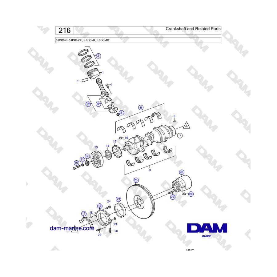 Volvo Penta 5.0L GXI-B - Cigüeñal y piezas relacionadas