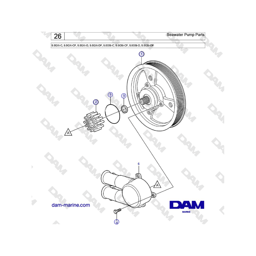 Volvo Penta 5.0GXi-C, 5.0GXi-CF, 5.0GXi-D, 5.0GXi-DF, 5.0OSi-C, 5.0OSi-CF, 5.0OSi-D, 5.0OSi-DF - Seawater Pump Parts