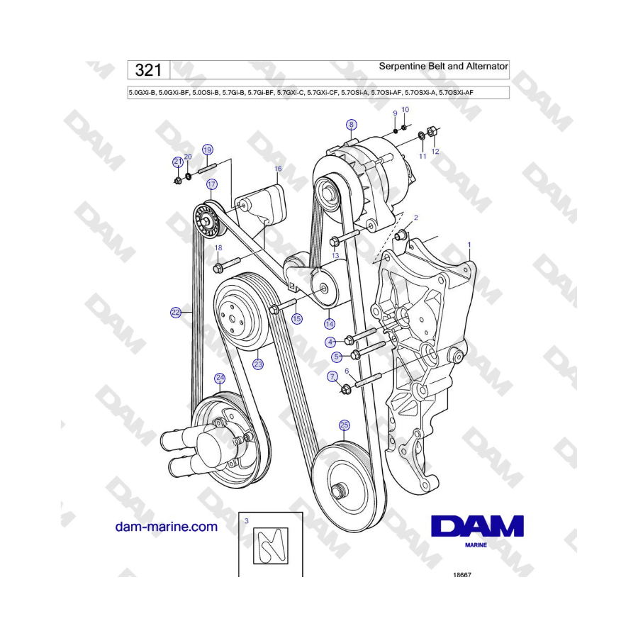 Volvo Penta 5.0L GXI-B / 5.7L GI-B / 5.7L GXI-C - Serpentine Belt and Alternator