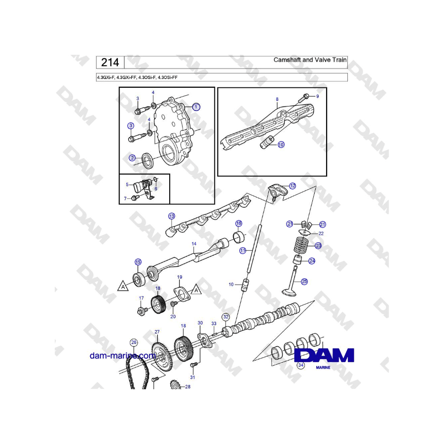 Volvo Penta 4.3GXi-F, 4.3GXi-FF, 4.3OSi-F, 4.3OSi-FF - Camshaft and Valve Train