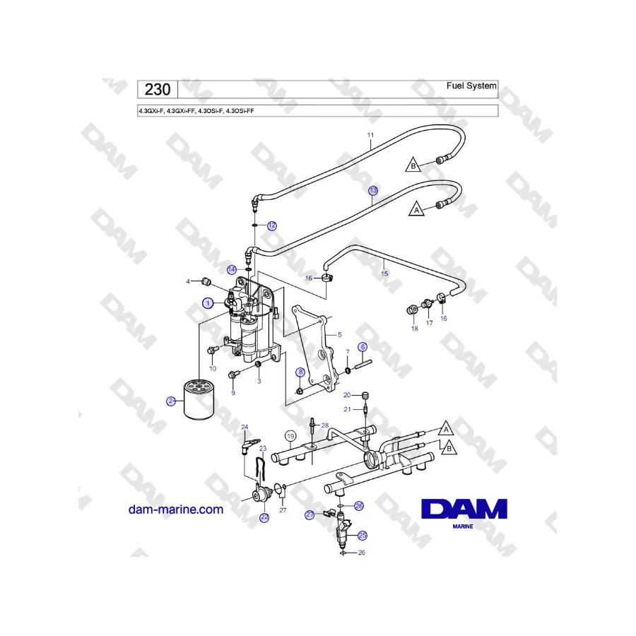 Volvo Penta 4.3GXi-F, 4.3GXi-FF, 4.3OSi-F, 4.3OSi-FF - Sistema de combustible