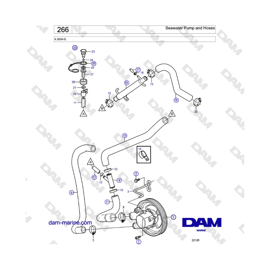 Volvo Penta 4.3L GXI-G - Bomba de agua de mar y mangueras
