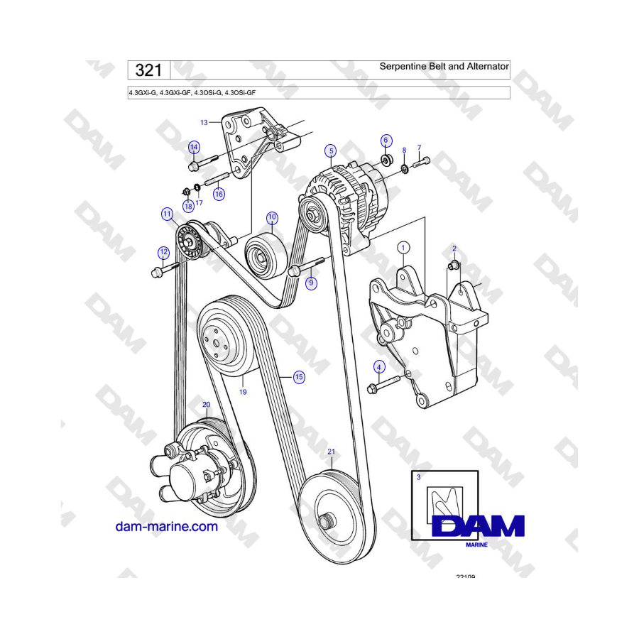 Volvo Penta 4.3L GXI-G / 4.3L GXI-GF - Correa serpentina y alternador