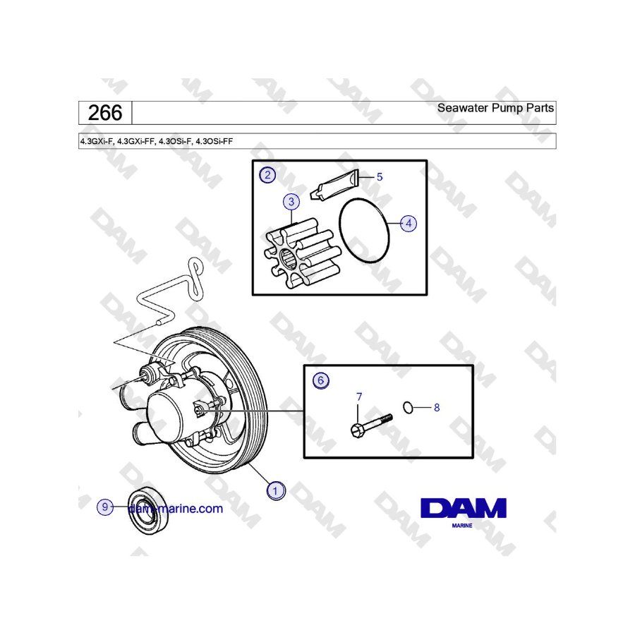 Piezas de bombas de agua de mar para Volvo Penta 4.3GXi-F, 4.3GXi-FF, 4.3OSi-F, 4.3OSi-FF