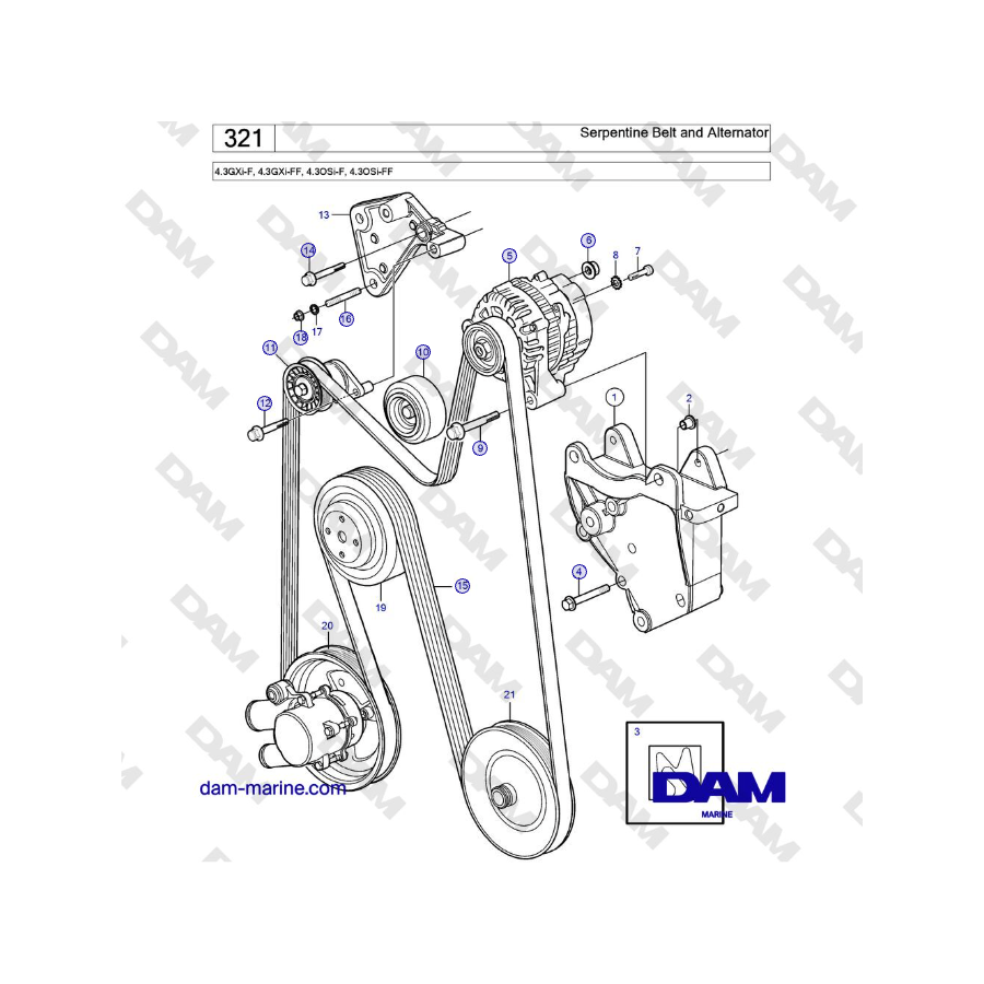 Volvo Penta 4.3GXi-F, 4.3GXi-FF, 4.3OSi-F, 4.3OSi-FF - Serpentine Belt and Alternator
