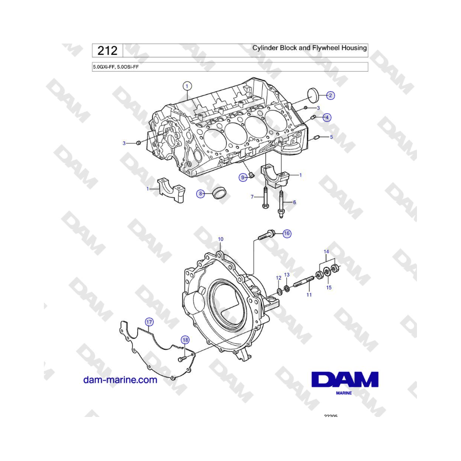Volvo Penta 5.0L GXI-FF - Bloque de cilindros y carcasa del volante 