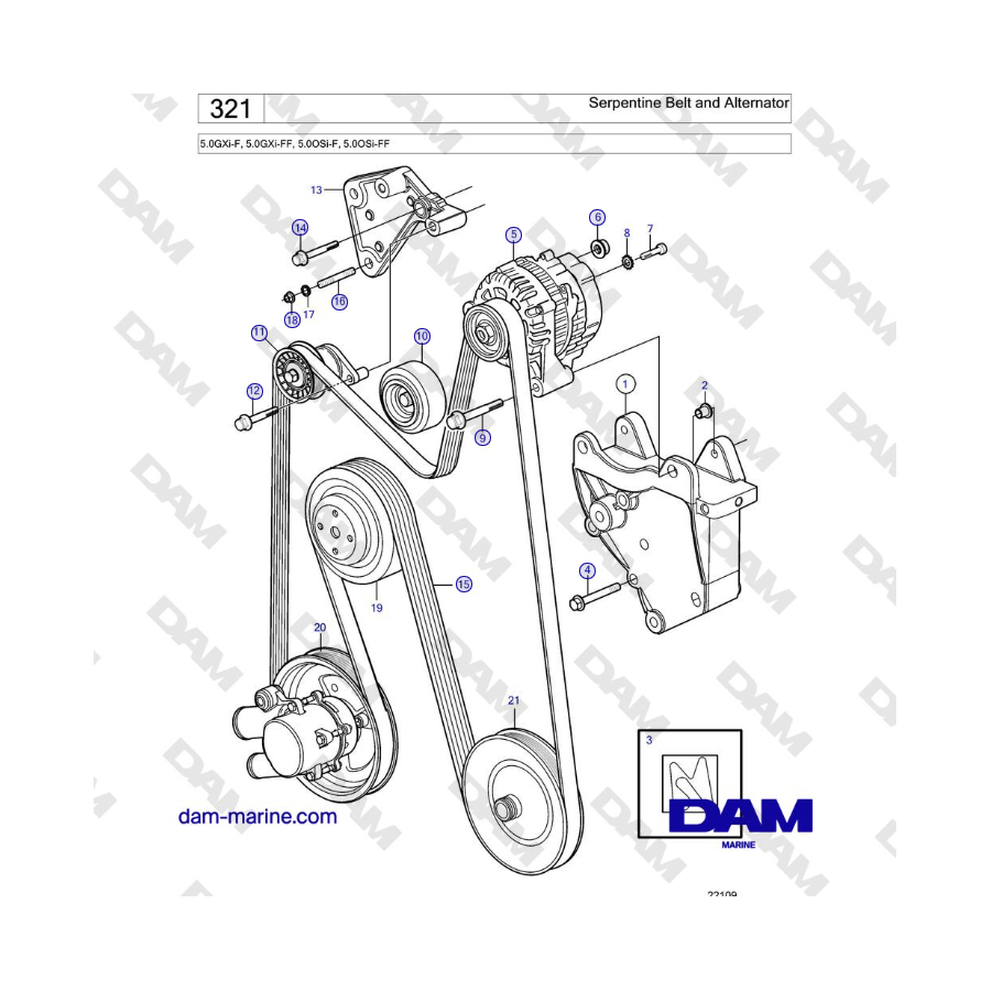 Volvo Penta 5.0L GXI-F / 5.0L GXI-FF - Serpentine Belt and Alternator 