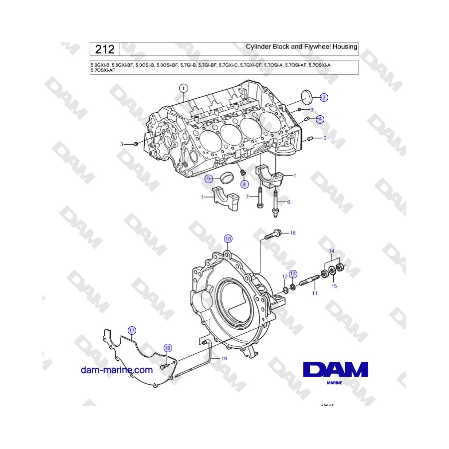 Volvo Penta 5.0L GXI-B / 5.0L GXI-BF / OSI-B / 5.0L OSI-BF - Cylinder Block and Flywheel Housing