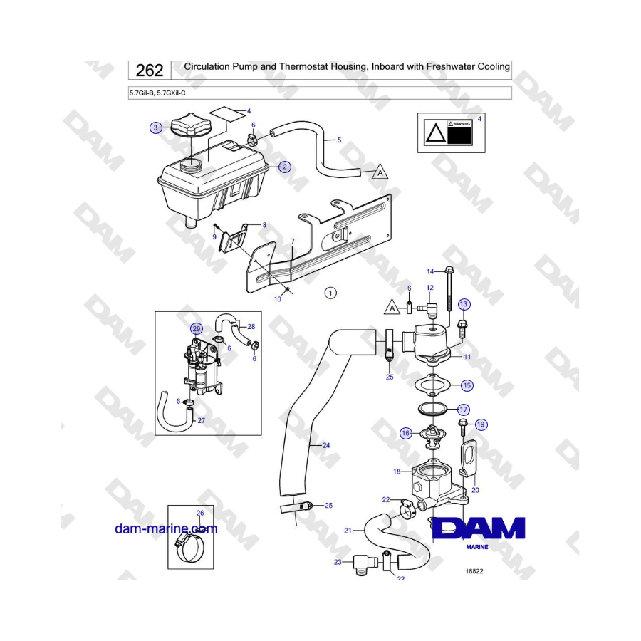 Volvo Penta 5.7GiI-B, 5.7GXiI-C - Pompa di circolazione e alloggiamento termostato, entrobordo con raffreddamento ad acqua dolce