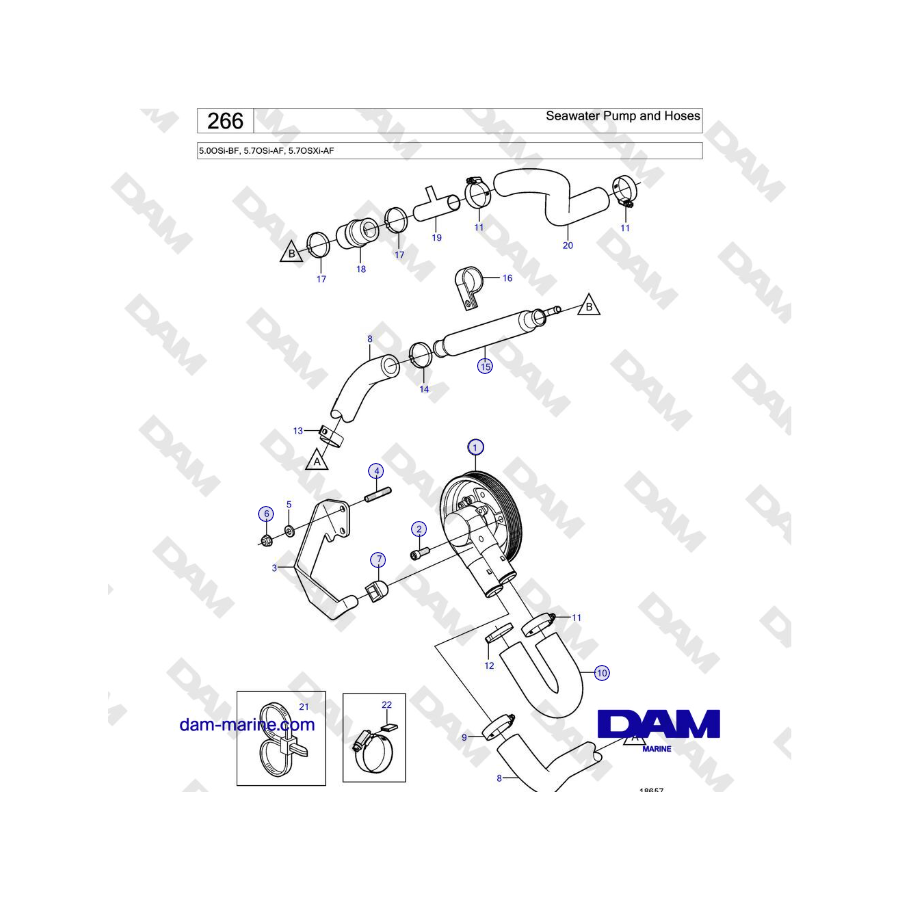 Volvo Penta 5.0OSi-BF, 5.7OSi-AF, 5.7OSXi-AF - Seawater Pump and Hoses 
