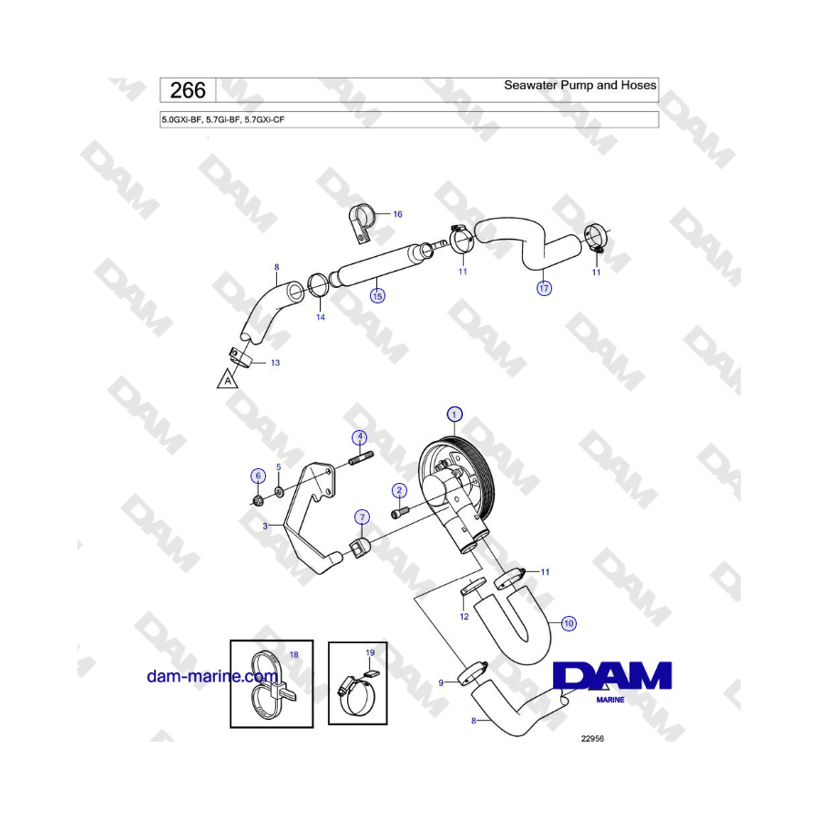 Volvo Penta 5.0GXi-BF, 5.7Gi-BF, 5.7GXi-CF - Pompa acqua di mare e tubi flessibili