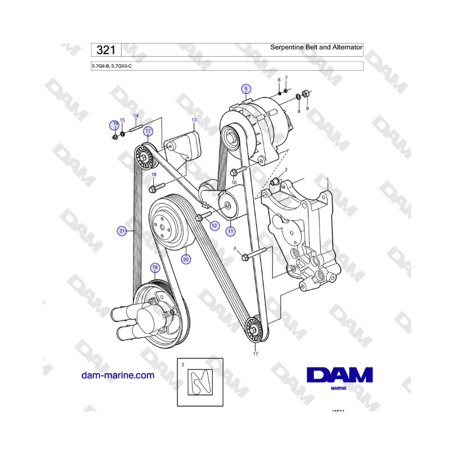 Volvo Penta 5.7GiI-B, 5.7GXiI-C - Serpentine Belt and Alternator 