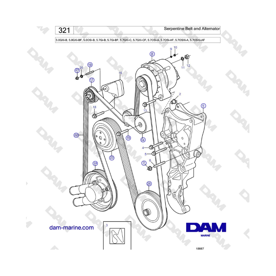Volvo Penta 5.0GXi-B, 5.0GXi-BF, 5.0OSi-B, 5.7Gi-B, 5.7Gi-BF, 5.7GXi-C, 5.7GXi-CF, 5.7OSi-A - Serpentine Belt and Alternator