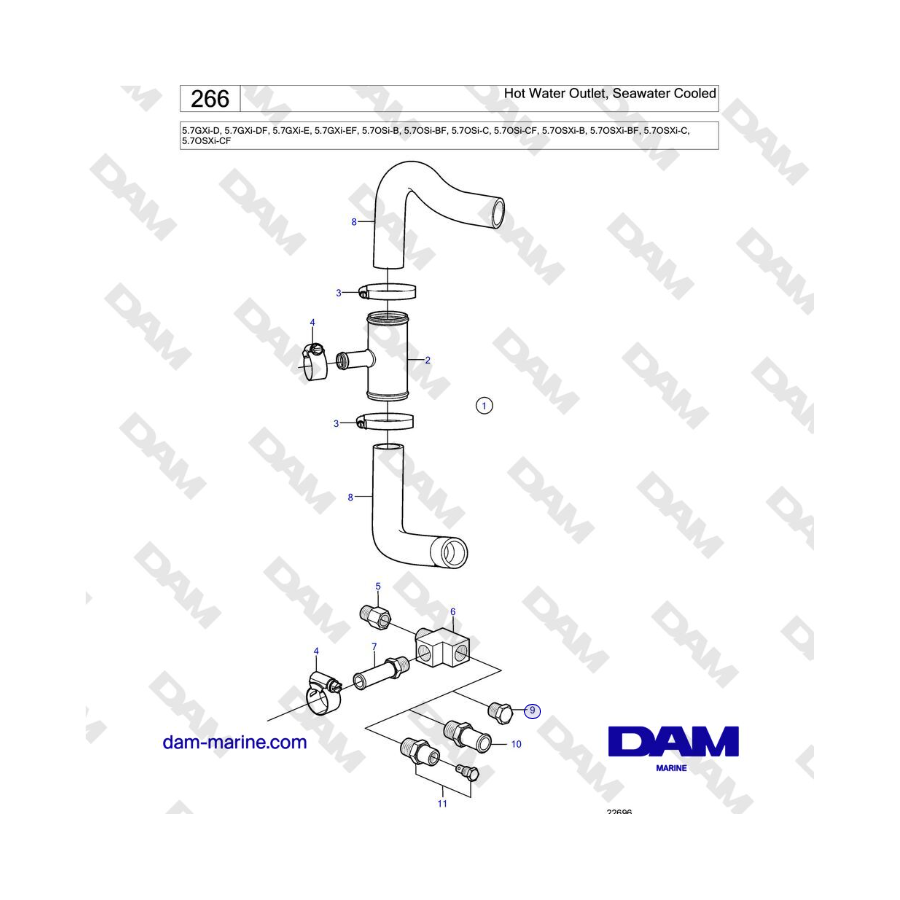 Volvo Penta 5.7L GXI-D / 5.7L GXI-E - Hot Water Outlet, Seawater Cooled