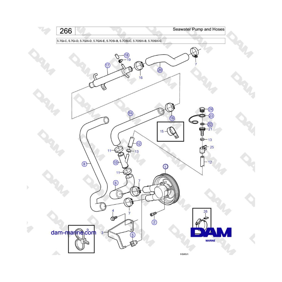 Volvo Penta 5.7L GXI-D / 5.7L GXI-E - Seawater Pump and Hoses