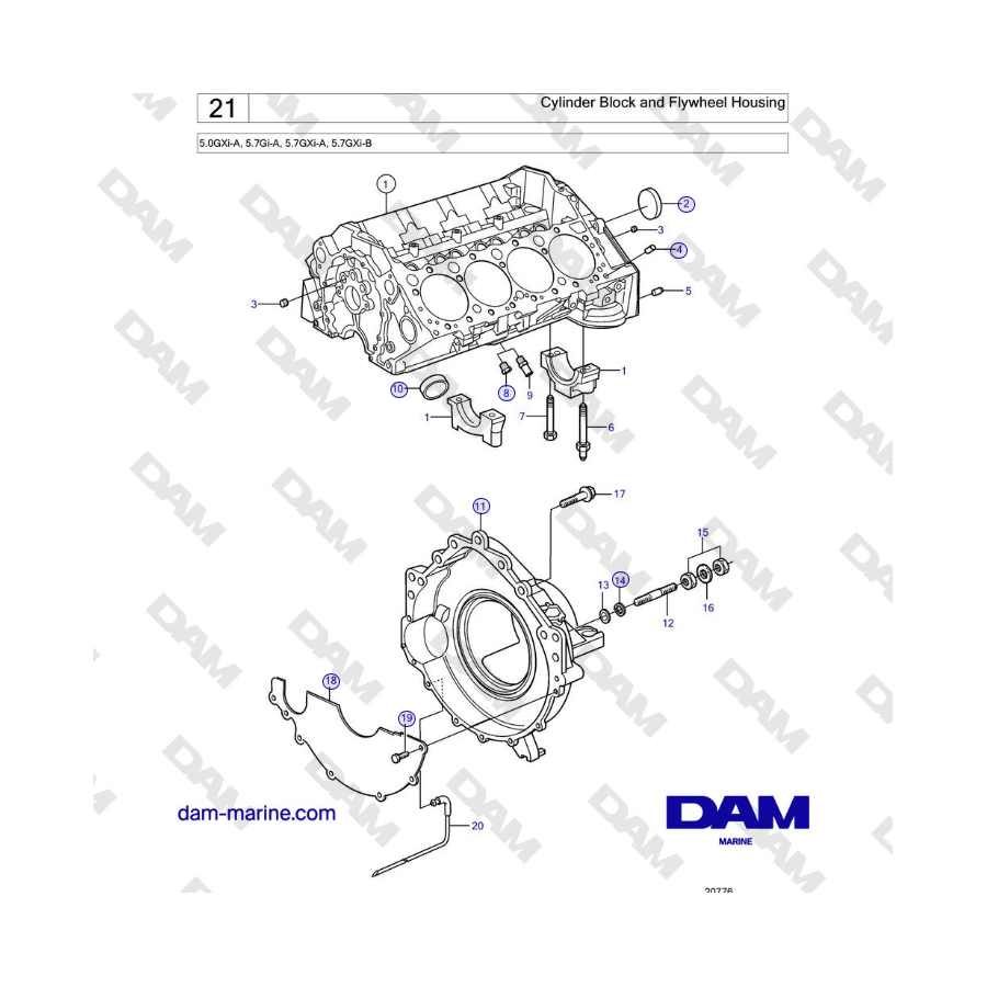 Volvo Penta 5.0GXi-A, 5.7Gi-A, 5.7GXi-A, 5.7GXi-B - Cylinder Block and Flywheel Housing