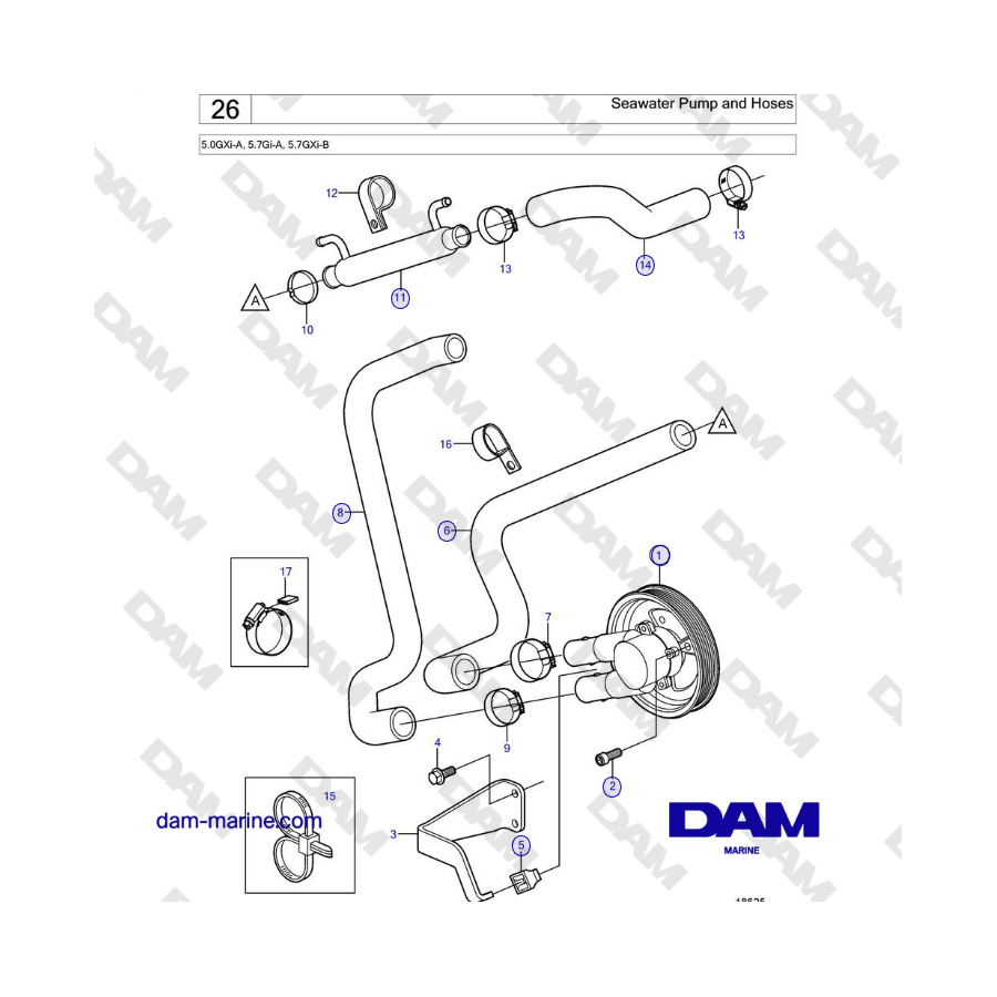 Volvo Penta 5.0GXi-A, 5.7Gi-A, 5.7GXi-B - Bomba de agua de mar y mangueras