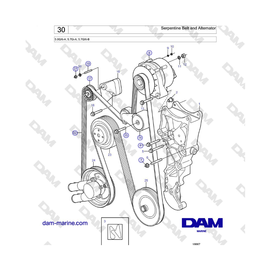 Volvo Penta 5.0GXi-A, 5.7Gi-A, 5.7GXi-B - Serpentine Belt and Alternator