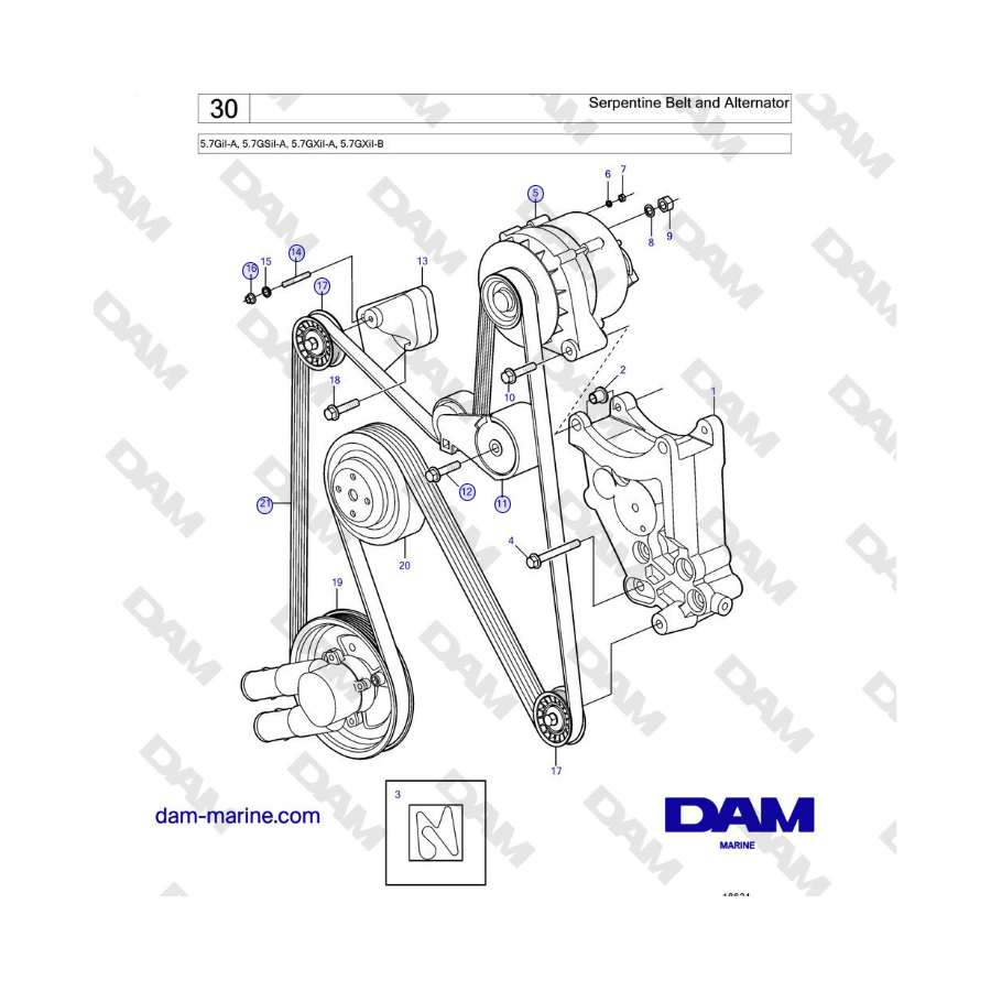 Volvo Penta 5.7GiI-A, 5.7GSiI-A, 5.7GXiI-A, 5.7GXiI-B - Cinghia serpentina e alternatore
