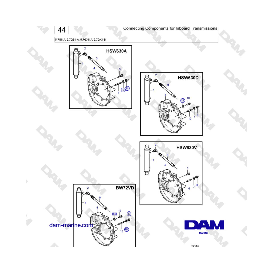 Volvo Penta 5.7GiI-A, 5.7GSiI-A, 5.7GXiI-A, 5.7GXiI-B: Componentes de conexión para transmisiones internas 