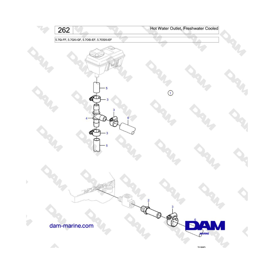 Volvo Penta 5.7Gi-FF, 5.7GXi-GF, 5.7OSi-EF, 5.7OSXi-EF - Hot Water Outlet, Freshwater Cooled