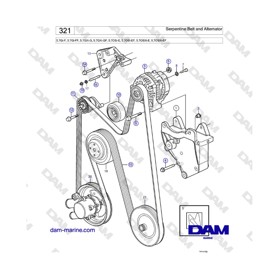 Volvo Penta 5.7Gi-F, 5.7Gi-FF, 5.7GXi-G, 5.7GXi-GF - Serpentine Belt and Alternator 