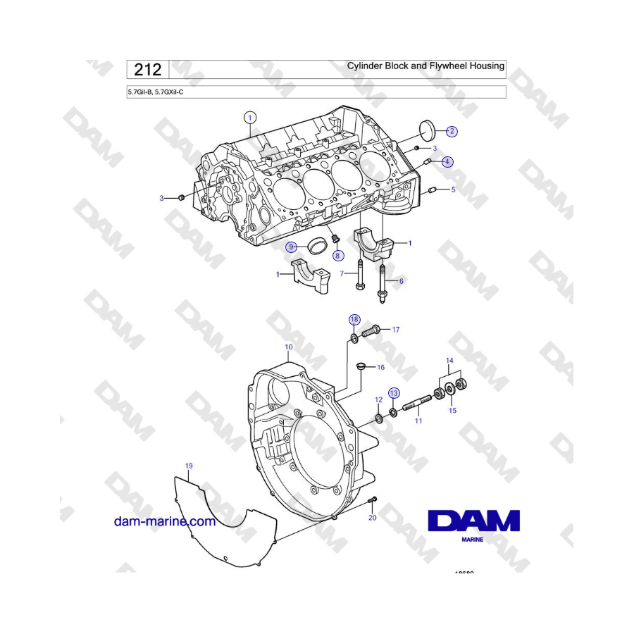 Volvo Penta 5.7GiI-B, 5.7GXiI-C - Bloque de cilindros y carcasa del volante