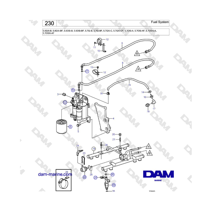 Volvo Penta 5.7Gi-B, 5.7Gi-BF, 5.7GXi-C, 5.7GXi-CF, 5.7OSi-A, 5.7OSi-AF, 5.7OSXi-A, 5.7OSXi-AF - Sistema de combustible