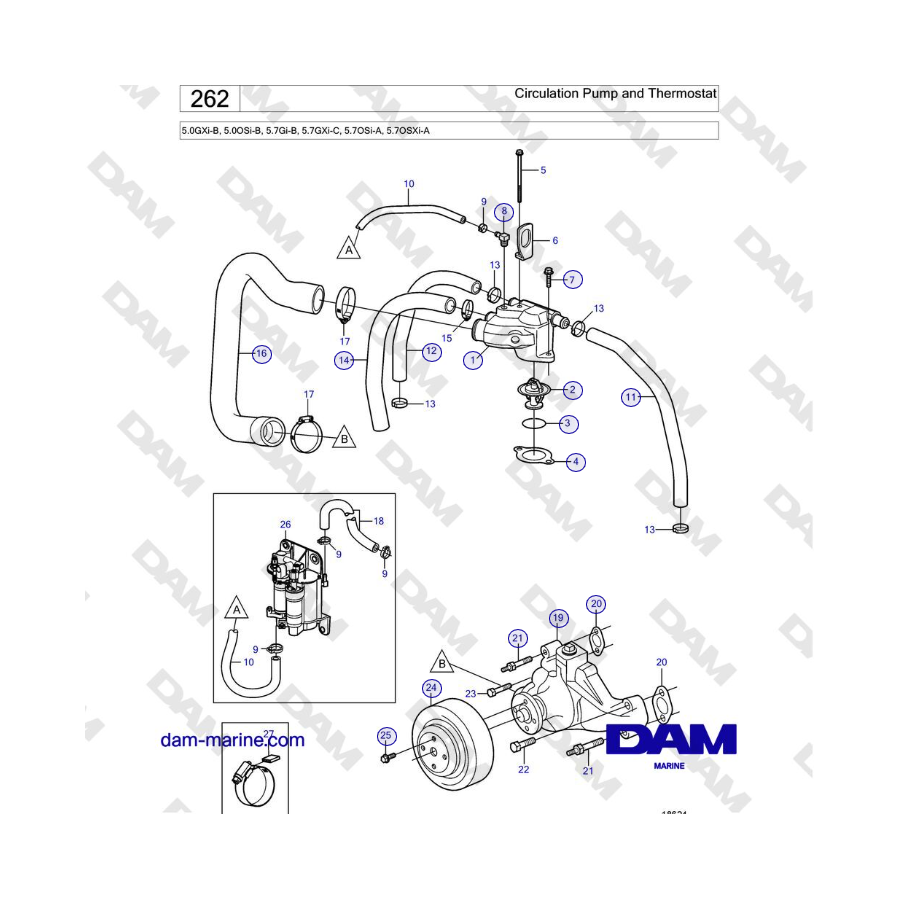 Volvo Penta 5.7GXi-C, 5.7OSi-A, 5.7OSXi-A - Circulation Pump and Thermostat