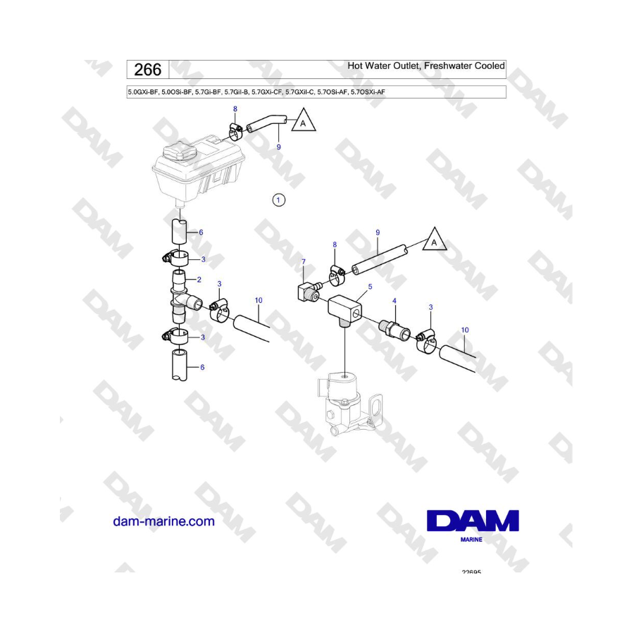 Volvo Penta 5.7GXi-CF, 5.7GXiI-C, 5.7OSi-AF, 5.7OSXi-AF - Salida de agua caliente, refrigerada por agua dulce