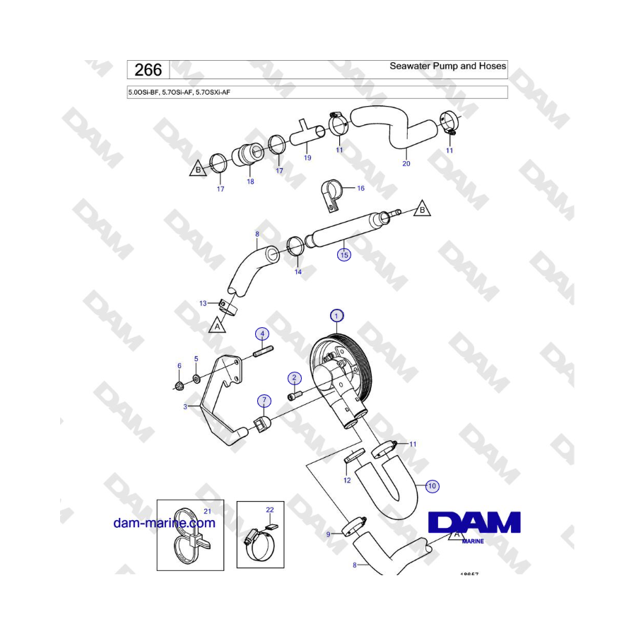 Volvo Penta 5.0OSi-BF, 5.7OSi-AF, 5.7OSXi-AF - Bomba de agua de mar y mangueras