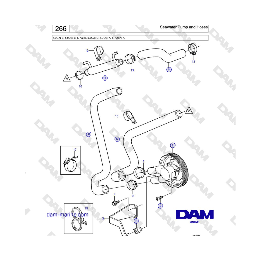 Volvo Penta 5.7Gi-B, 5.7GXi-C, 5.7OSi-A, 5.7OSXi-A - Pompa acqua di mare e tubi flessibili