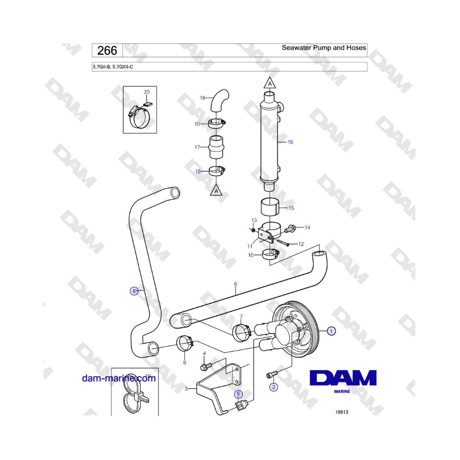 Volvo Penta 5.7GiI-B, 5.7GXiI-C - Bomba de agua de mar y mangueras