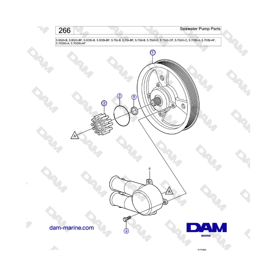 Volvo Penta 5.7Gi-B, 5.7Gi-BF, 5.7GiI-B, 5.7GXi-C, 5.7GXi-CF, 5.7GXiI-C - Piezas de bombas de agua de mar 