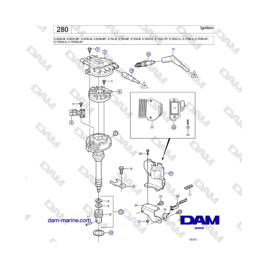 Volvo Penta 5.7Gi-B, 5.7Gi-BF, 5.7GiI-B, 5.7GXi-C, 5.7GXi-CF, 5.7GXiI-C, 5.7OSi-A, 5.7OSi-AF, 5.7OSXi-A, 5.7OSXi-AF - Encendido