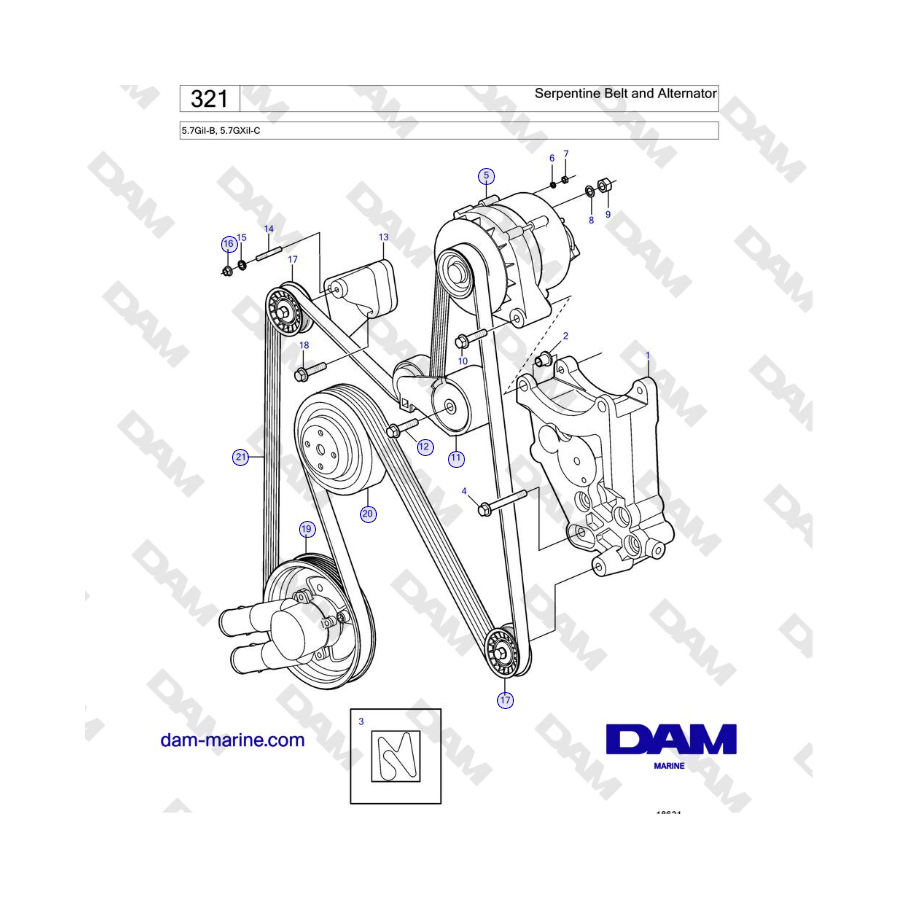Volvo Penta 5.7GiI-B, 5.7GXiI-C - Serpentine Belt and Alternator